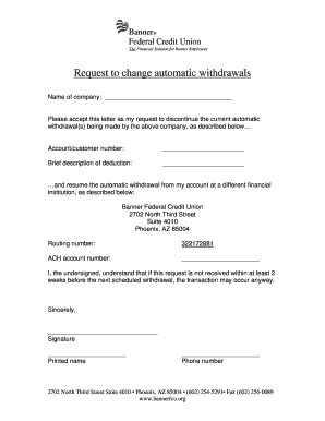 Request to cancel automatic withdrawals - Banner Federal Credit ... - bannerfcu
