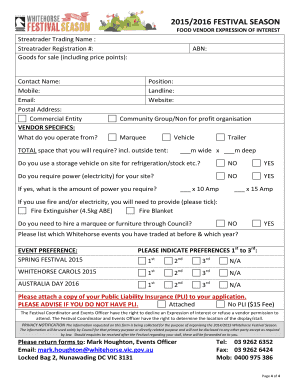 Fillable Online whitehorse vic gov 20152016 Festival Food Vendors ...