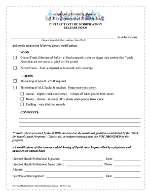 DIETARY TEXTURE MODIFICATION RELEASE FORM FOOD LIQUIDS