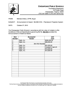 Announcement of Award Bid #081516 Planetarium Projection System - cps k12 va