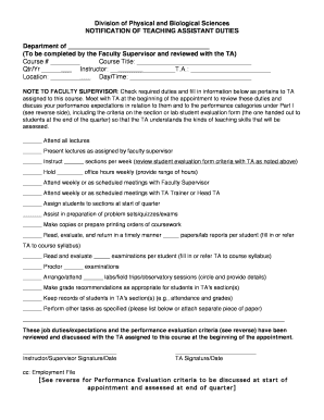 Notification of TACA Duties and Performance Evaluation Form