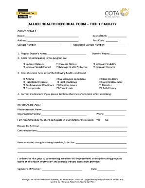 Fillable Online cotasa org ALLIED HEALTH REFERRAL FORM TIER 1 FACILITY ...