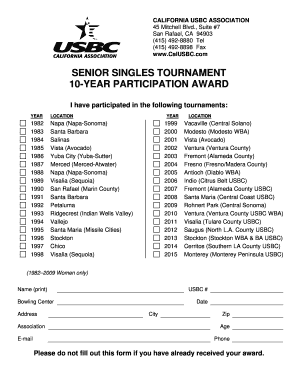 California USBC Senior Singles Tournament 10-Year Participation Award
