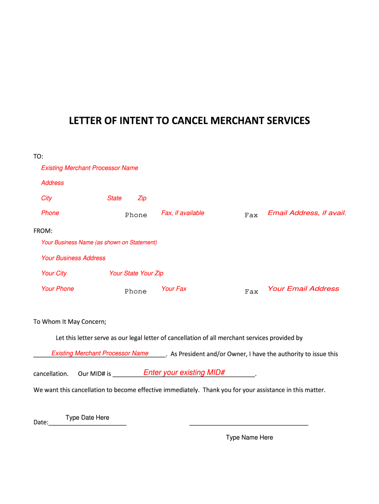 sample letter to cancel merchant services Preview on Page 1