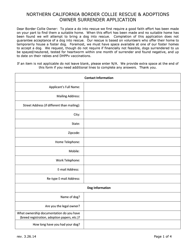 Fillable Online norcalbcrescue Owner Surrender Application - Northern ...