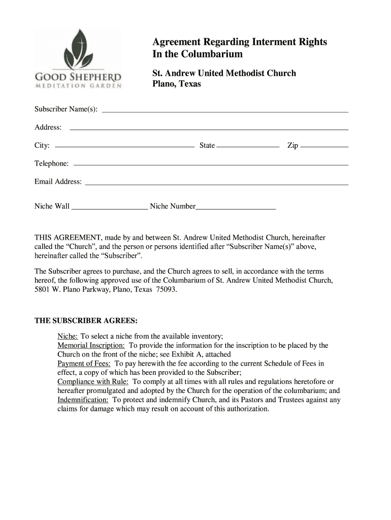 Fillable Online standrewumc Agreement Regarding Interment Rights In the ...