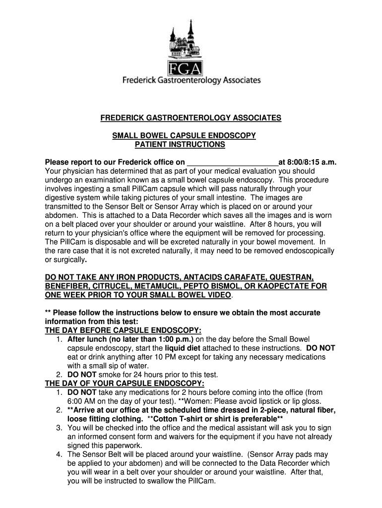 Fillable Online Small bowel capsule endoscopy patient instructions Frederick Fax Email