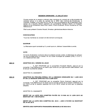 SESSION ORDINAIRE 6 JUILLET 2015 Procsverbal de la session ordinaire des membres du conseil de la Municipalit de Chelsea tenue la salle du conseil de la MRC des Collinesdel 'Outaouais, Chelsea, Qubec, le 6 juillet 2015 19h 30, sous la