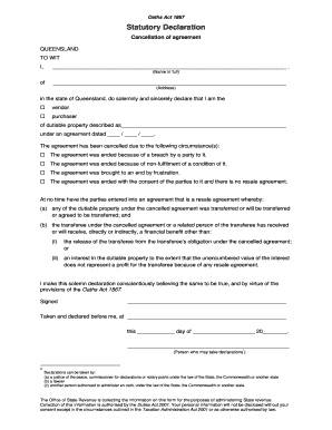 Blank stat dec qld - Statutory declarationCancellation of agreementOffice of State Revenue Qld