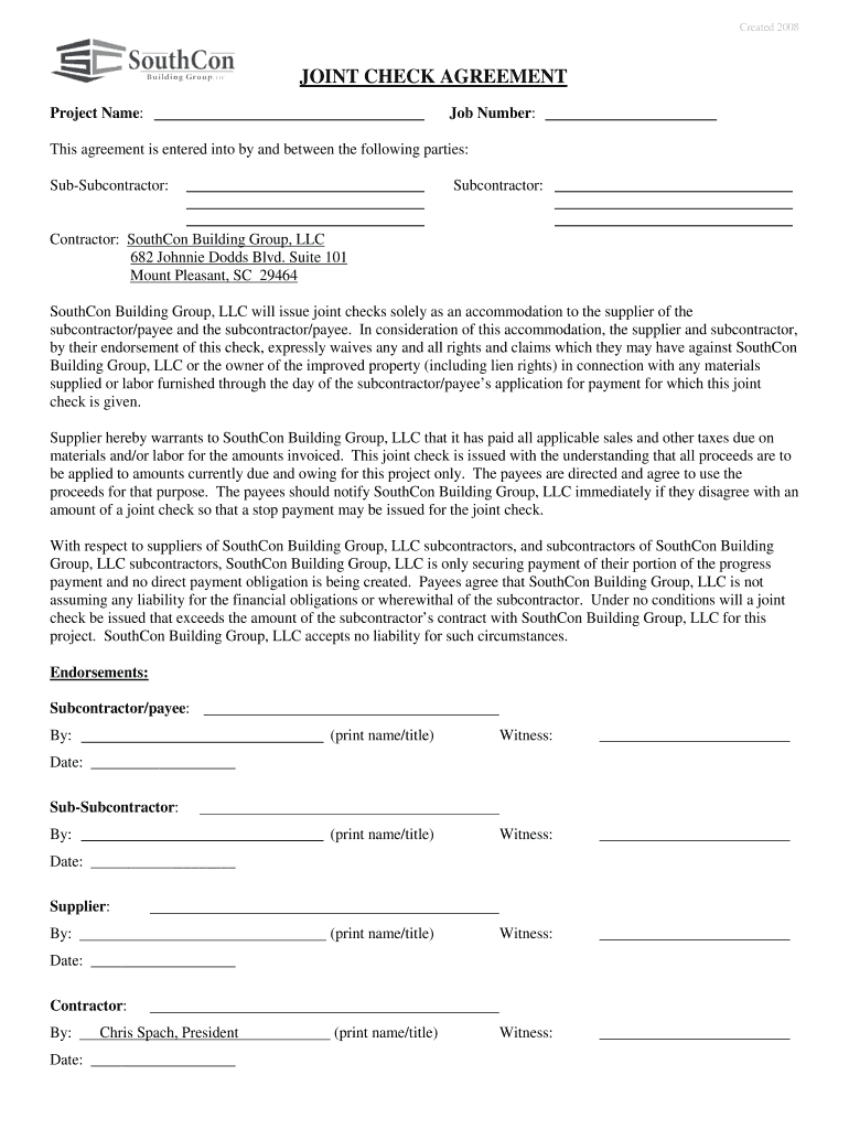 Fillable Online JOINT CHECK AGREEMENT Fax Email