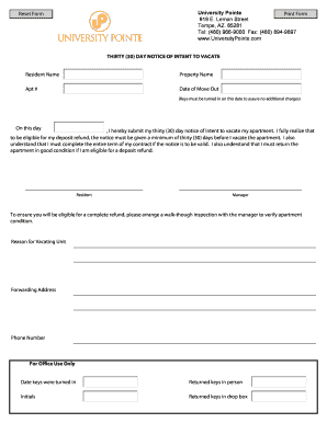 University Pointe 30 Day Notice Form