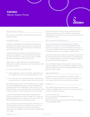 Calliden Motor Claim Form - GWS Network Insurance Brokers