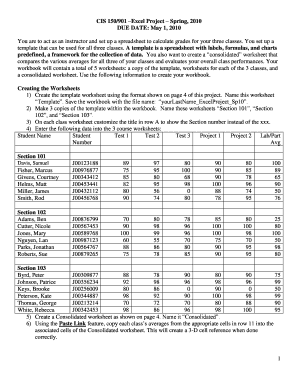 1 CIS 150/901 Excel Project Spring, 2010 DUE DATE: May 1 ... - cis usouthal