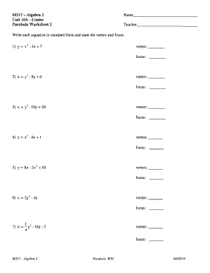M317 Algebra 2 Name Unit 10A - Conics Parabola Worksheet