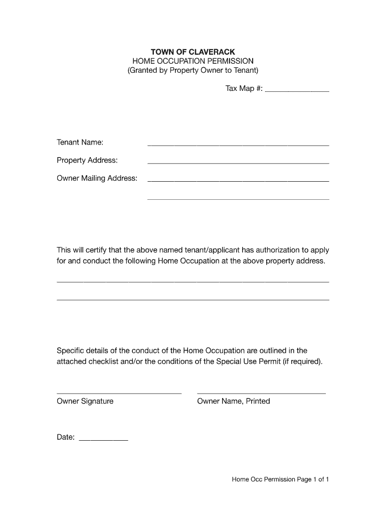 Fillable Online TOWN OF CLAVERACK HOME OCCUPATION PERMISSION Fax Email