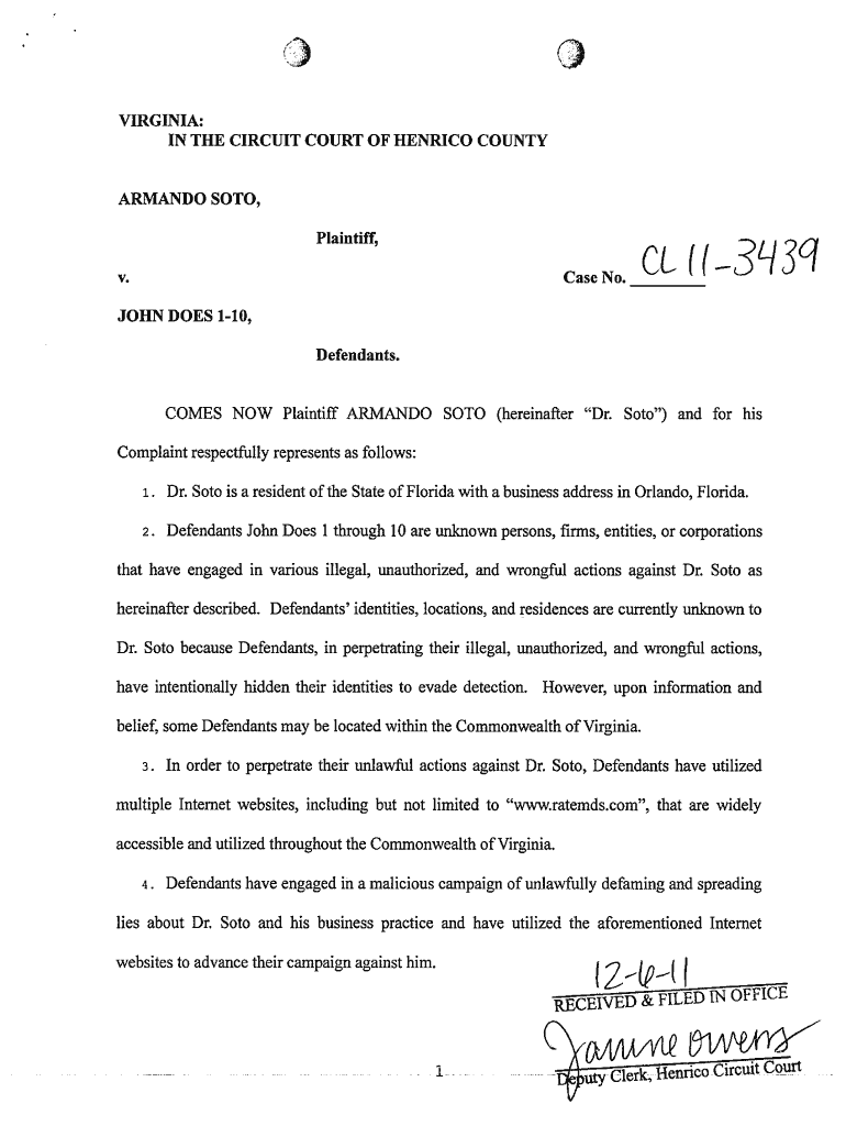 Fillable Online VIRGINIA IN THE CIRCUIT COURT OF HENRICO COUNTY ARMANDO Fax Email Print pdfFiller