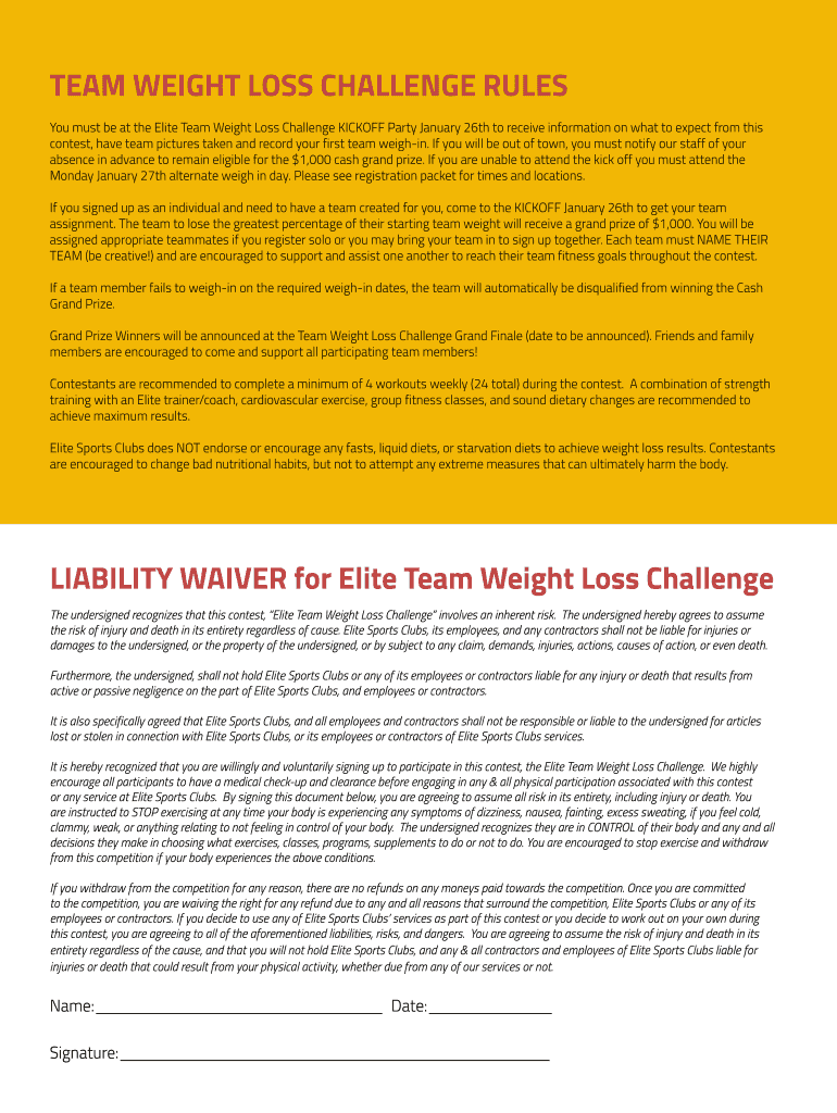 Fillable Online TEAM WEIGHT LOSS CHALLENGE RULES LIABILITY WAIVER for
