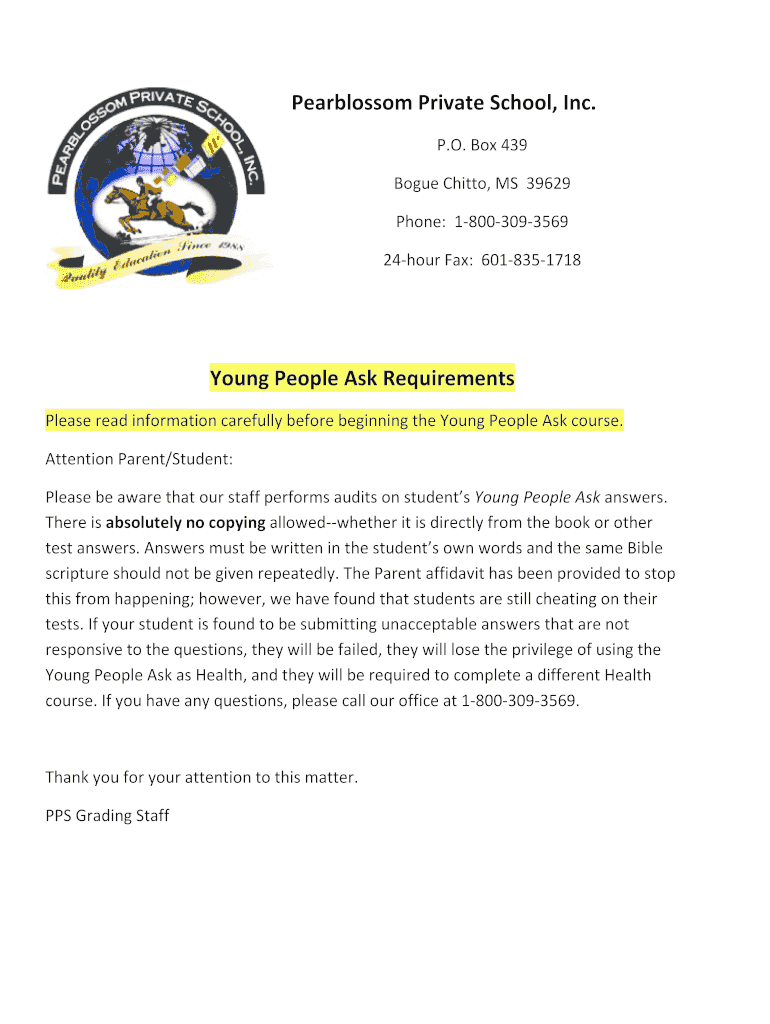 Fillable Online Pearblossom Private School, Inc. Young People Ask