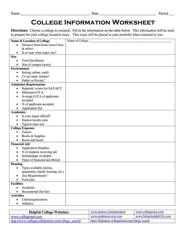 Name Date Period College Information Worksheet Directions: Choose For Choosing A College Worksheet