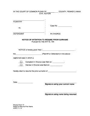 Divorce Form 15 - Notice of Intention to Resume Prior Surname