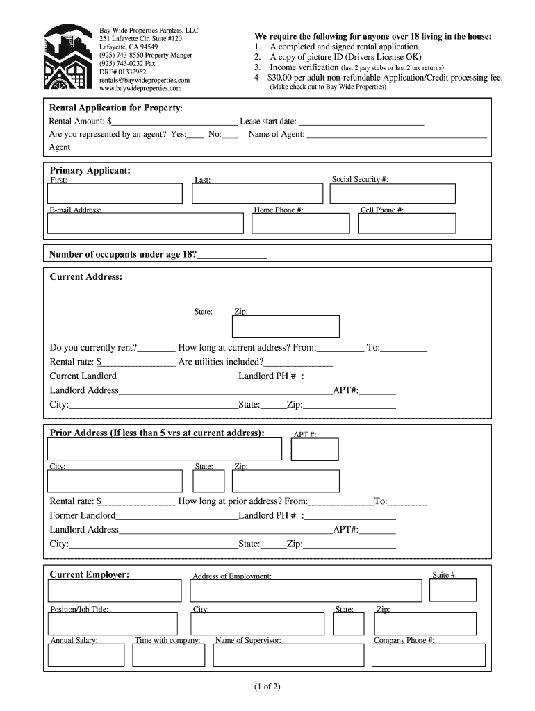 Fillable Online BRental Applicationb Bay Wide Properties Fax Email