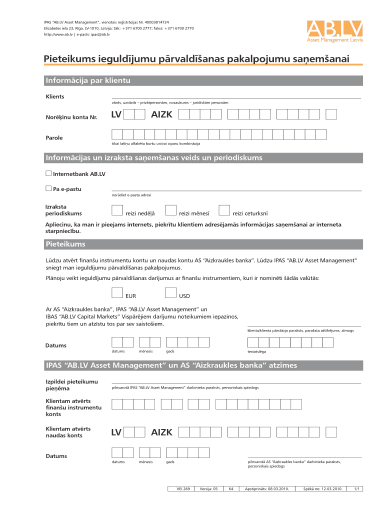 Fillable Online LV Asset Management, vienotais reistrcijas Nr Fax Email