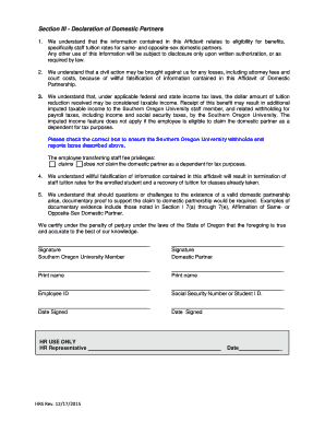 Affidavit of Domestic Partnership - Southern bOregonb University