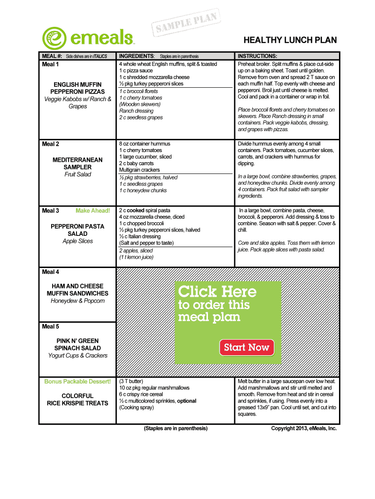 Fillable Online HEALTHY LUNCH PLAN Fax Email Print - pdfFiller