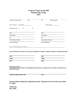 Self inventory worksheet - Camp Application - St. Peter School