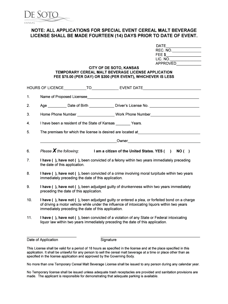 Fillable Online NOTE ALL APPLICATIONS FOR SPECIAL EVENT CEREAL MALT Fax