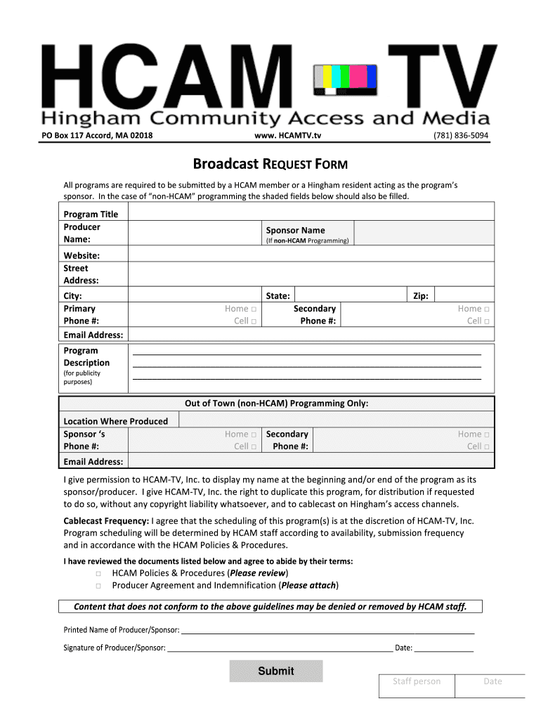 Fillable Online hinghammedia Broadcast Request bFormbbr3b Hingham