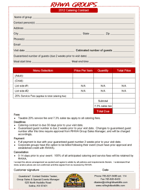 2012 Catering Contract Menu Selection Price Per Item Quantity ...