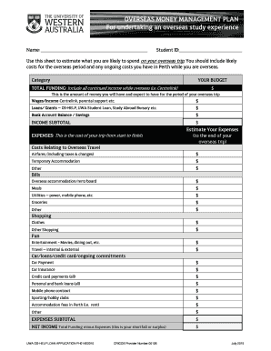 OVERSEAS MONEY MANAGEMENT PLAN For undertaking an ... - studentfinance uwa edu