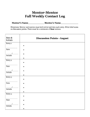 Fillable Online coe sfasu Mentor-Mentee Fall Weekly Contact Log - PCOE ...