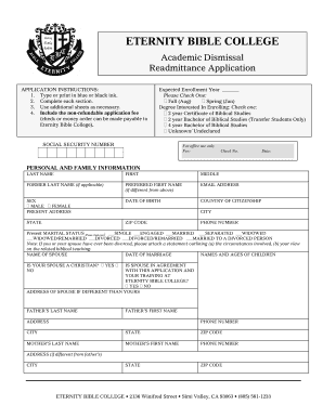 Academic dismissal re-admittance application - Eternity Bible College