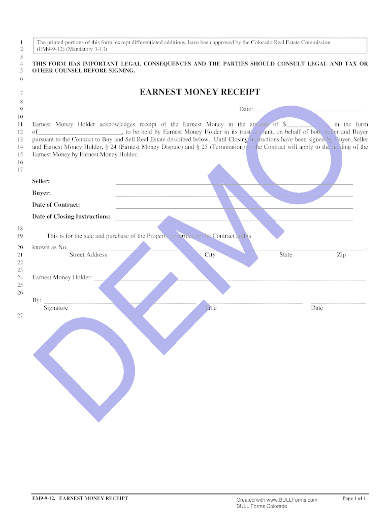 Fillable Online Earnest money receipt BULL Forms Colorado Fax Email