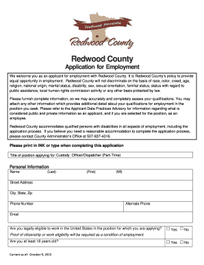 Www Co Redwood Mn Us Employment Application Fill In Custody ...