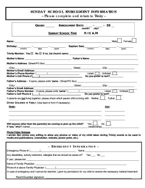 Fillable Online tlcwaupaca SUNDAY SCHOOL ENROLLMENT INFORMATION Fax ...