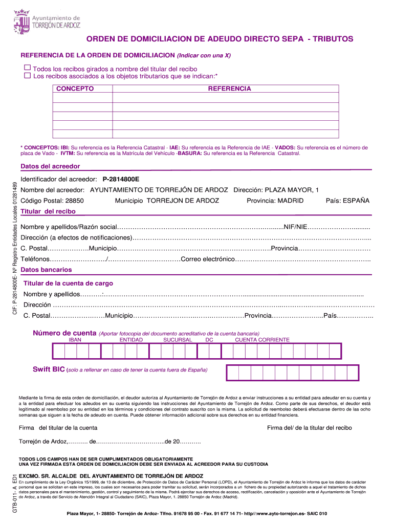 Domiciliaci n de adeudo directo SEPA - web oficial - Ayto Torrejon Vista previa en la página 1