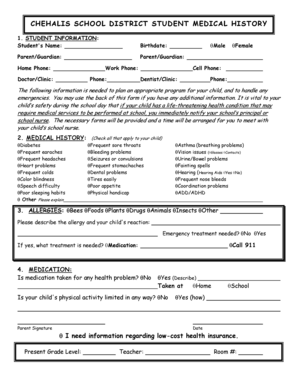 Chehalis School District Student Medical History Form