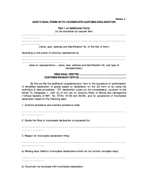 Bosnia and Herzegovina Customs Incomplete Declaration Form