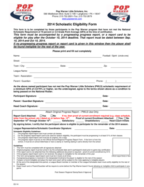 2014 Pop Warner Scholastic Eligibility Form