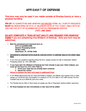 Affidavit of Defense for Clearwater Parking Ticket