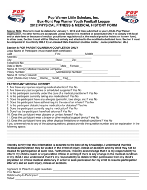 2012 Pop Warner Physical Fitness Form