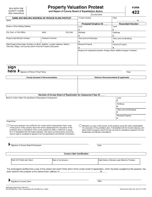 Print Reset Property Valuation Protest File with the County Clerk (See Instructions) FORM 422 and Report of County Board of Equalization Action County Name NAME AND MAILING ADDRESS OF PERSON FILING PROTEST Filed Protest Number Name , 20