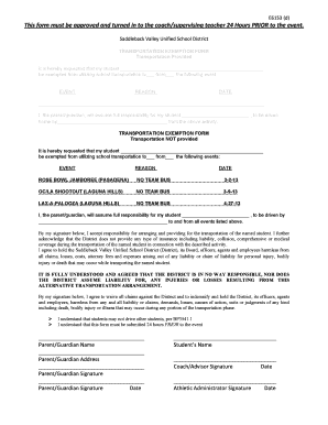 Saddleback Valley Unified School District Transportation Exemption Form