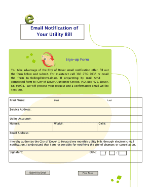 City of Dover Utility Bill Email Notification Sign-up Form