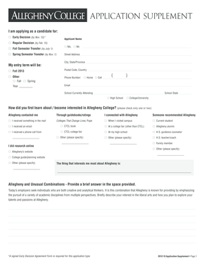 Allegheny College Application Supplement