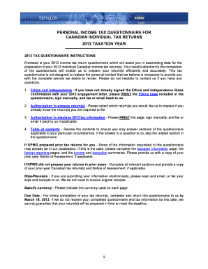 2012 Canadian Personal Income Tax Questionnaire