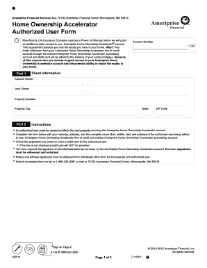 Ameriprise Home Ownership Accelerator Authorized User Form